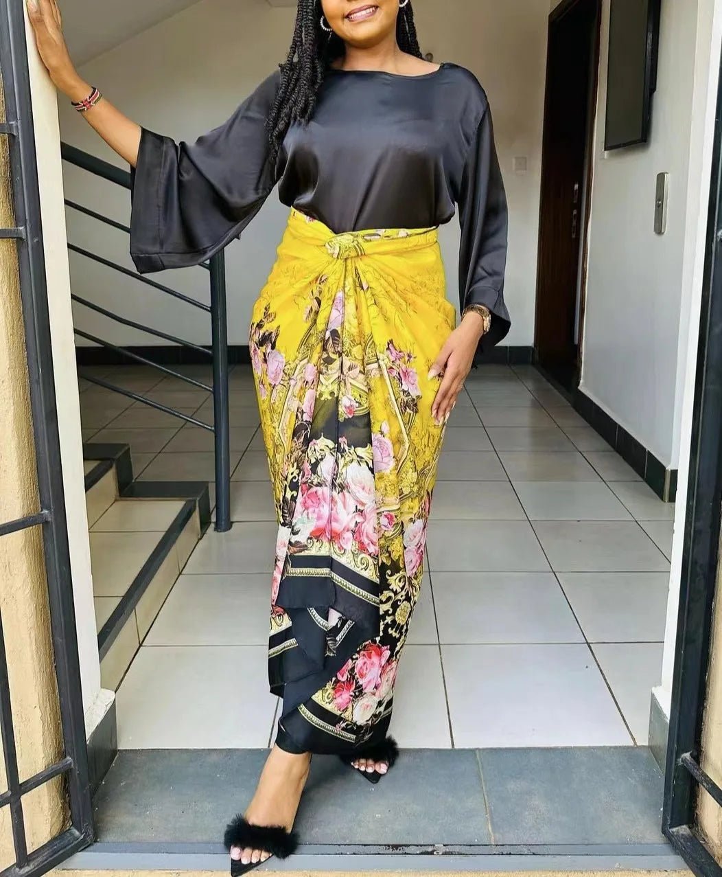 2PC Summer Elegance: African Women's with Loose Flare Sleeve Top and Printed Skirt - Flexi Africa - Flexi Africa offers Free Delivery Worldwide - Vibrant African traditional clothing showcasing bold prints and intricate designs