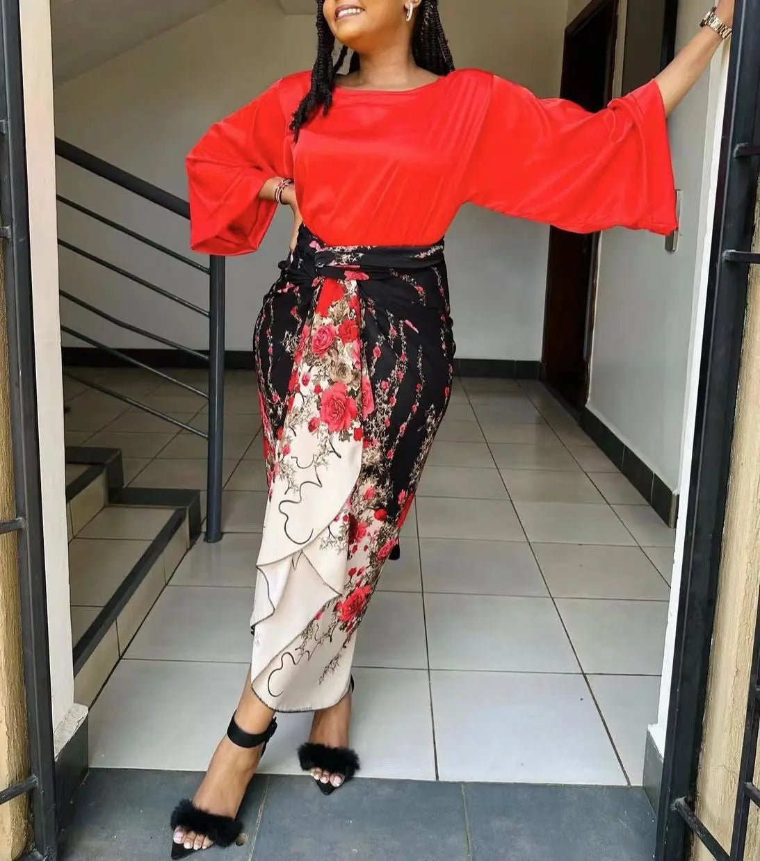 2PC Summer Elegance: African Women's with Loose Flare Sleeve Top and Printed Skirt - Flexi Africa - Flexi Africa offers Free Delivery Worldwide - Vibrant African traditional clothing showcasing bold prints and intricate designs