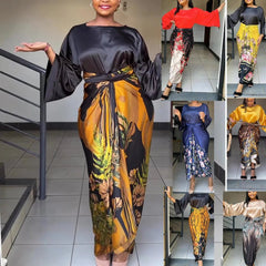 2PC Summer Elegant African Women Loose Flare Sleeve Top Print Skirt Matching Sets African Clothes - Flexi Africa - Flexi Africa offers Free Delivery Worldwide - Vibrant African traditional clothing showcasing bold prints and intricate designs