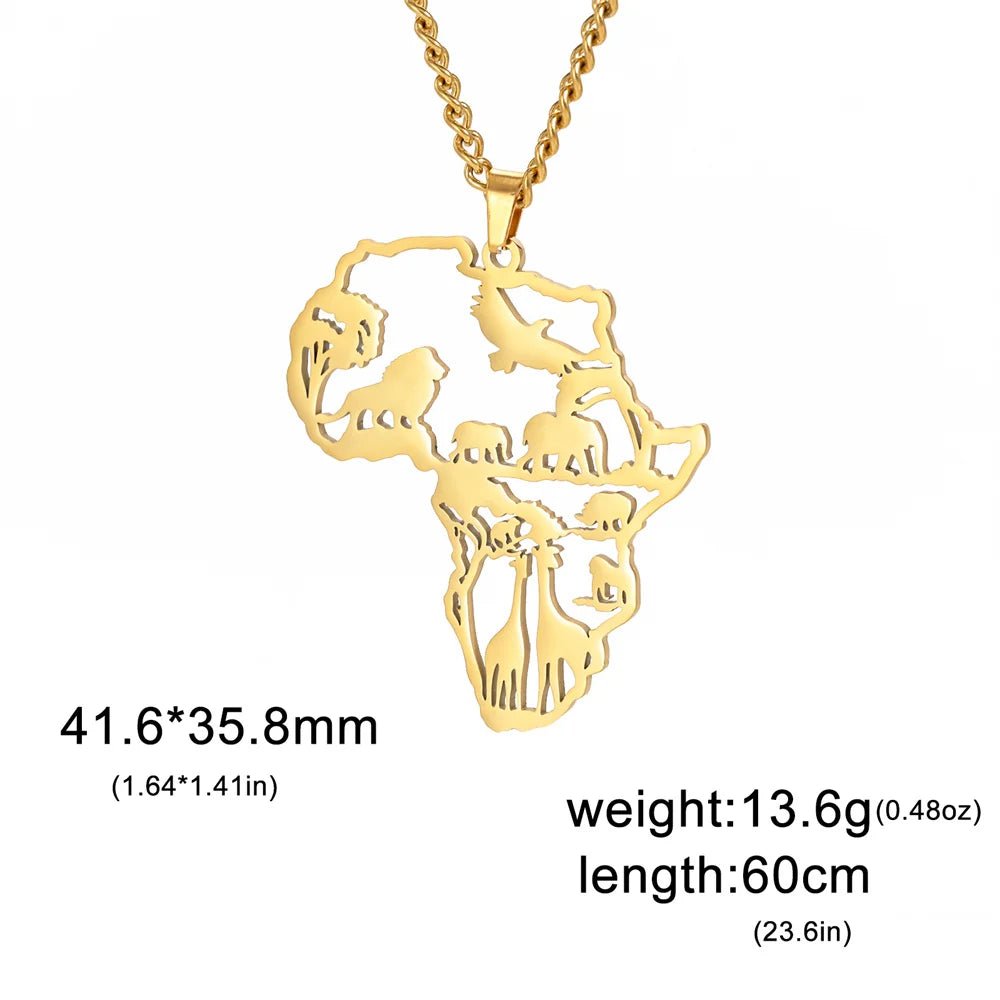 Africa Map Lion Elephant Monkey Giraffe Pendant Necklaces Stainless Steel Animal Chain Choker African Jewelry - Flexi Africa - Flexi Africa offers Free Delivery Worldwide - Vibrant African traditional clothing showcasing bold prints and intricate designs