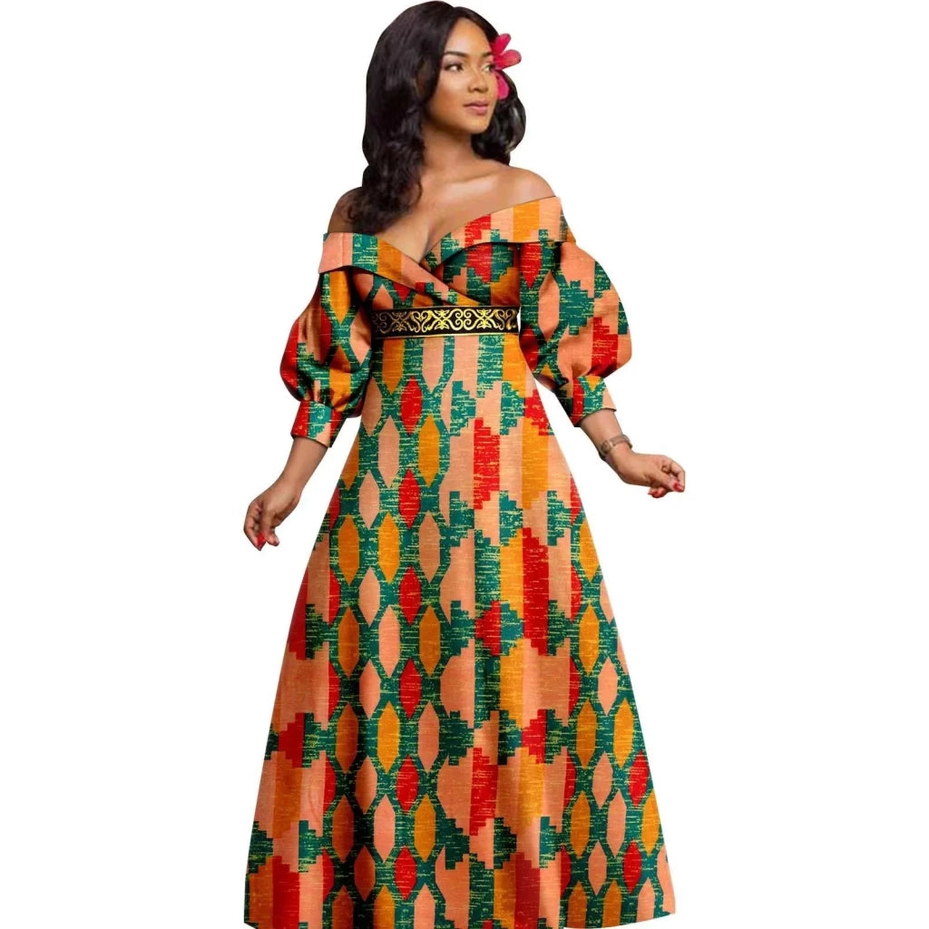 off shoulder dress african print African Ankara Off Shoulder Maxi Dress – Deep V-Neck High Waist Long Dress