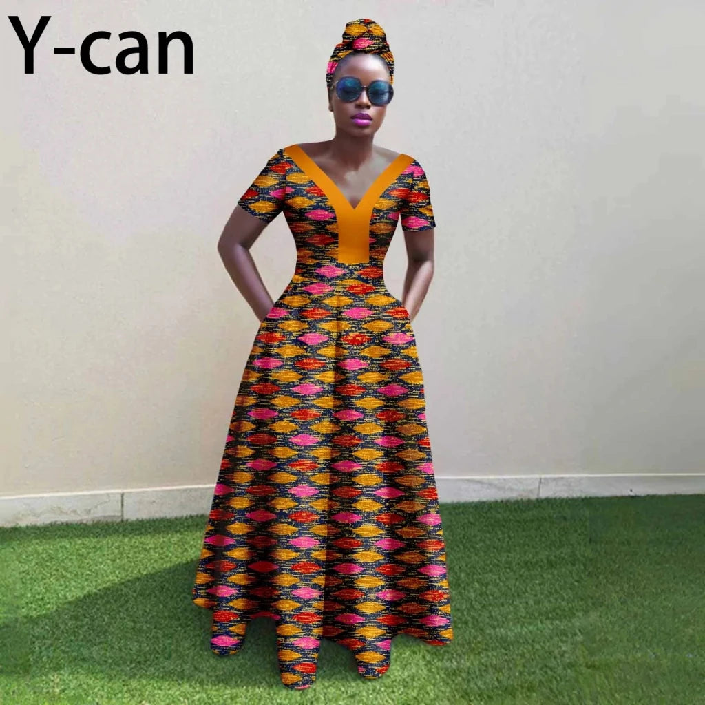 African Ankara Patchwork A-Line Dress Women's V-Neck Flexi Africa African Ankara Patchwork A-Line Dress Women's V-Neck Flexi Africa