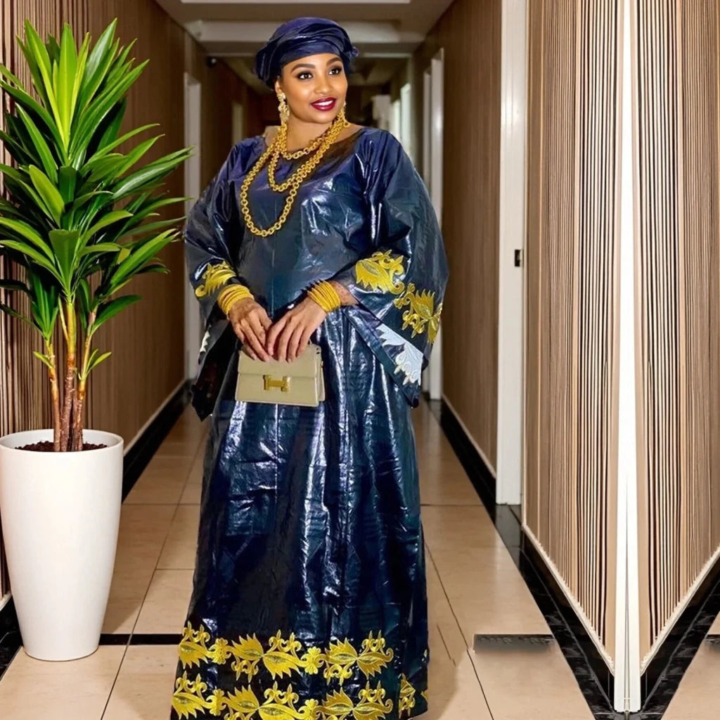 African Dashiki Bazin Riche Embroidery Maxi Dress & Scarf