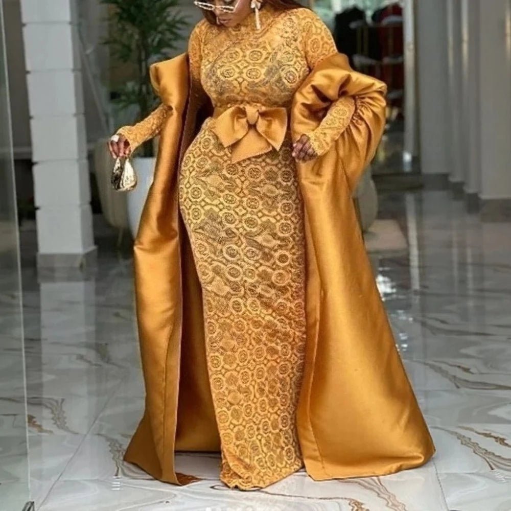 African Lace Bodycon Dress with Sheer Kaftan Robe & Bow Belt