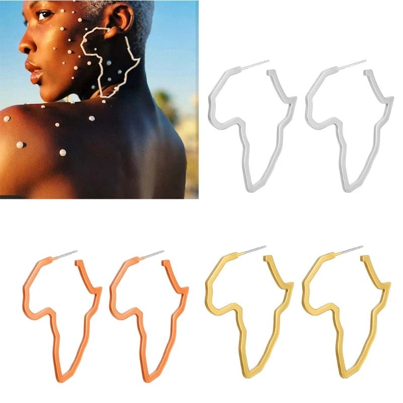 African Map Statement Earrings: Bold, Gold Colored Ornaments Traditional Ethnic Designs - Flexi Africa - Flexi Africa offers Free Delivery Worldwide - Vibrant African traditional clothing showcasing bold prints and intricate designs