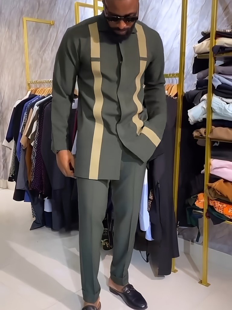 African Men's Stripe Pattern Outfit Set Robe & Pants Flexi Africa African Men's Stripe Pattern Outfit Set Robe & Pants Flexi Africa