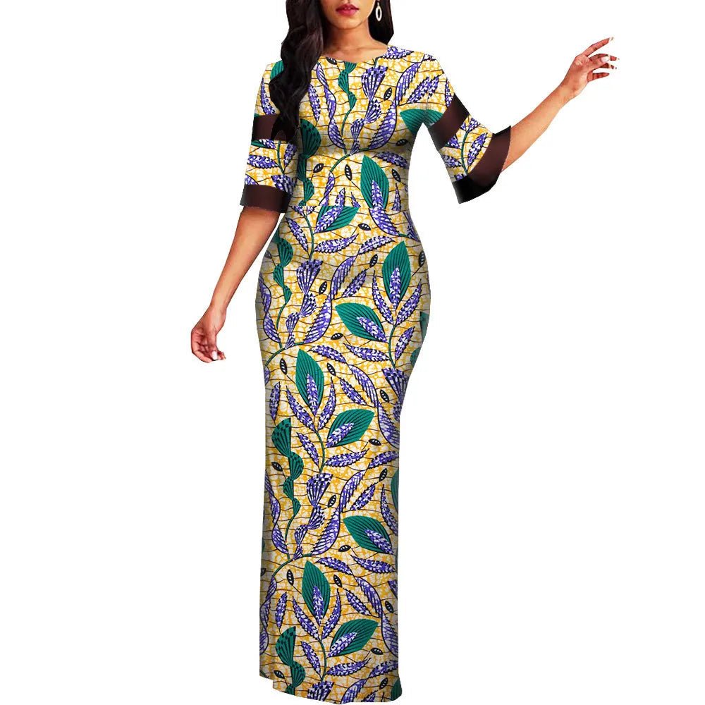 African Dashiki Bodycon Maxi Dress – Half Sleeve Ankara Print
