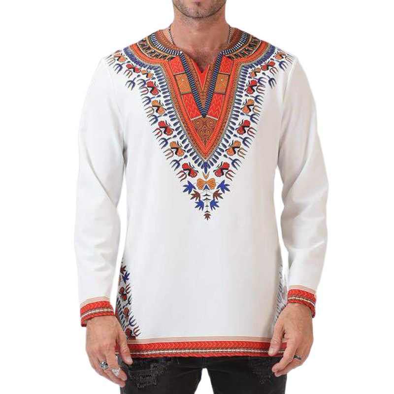 African Print Shirts for Men - White Polished Cotton Tops with Dashiki Design Plus Size Long T-shirts - Flexi Africa - Flexi Africa offers Free Delivery Worldwide - Vibrant African traditional clothing showcasing bold prints and intricate designs