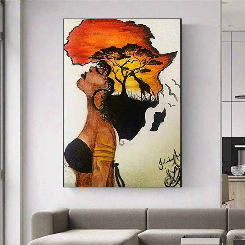 Classical African Woman Abstract Africa Map Shape Head Canvas Painting Posters and Prints Wall Art Aesthetic Picture Home Decor - Flexi Africa - Flexi Africa offers Free Delivery Worldwide - Vibrant African traditional clothing showcasing bold prints and intricate designs