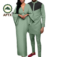 Dashiki African Couple Clothing – Sexy V - Neck Women’s Prom Dress with Matching Men’s Shirt & Pants Set - Free Delivery Worldwide only at Flexi Africa