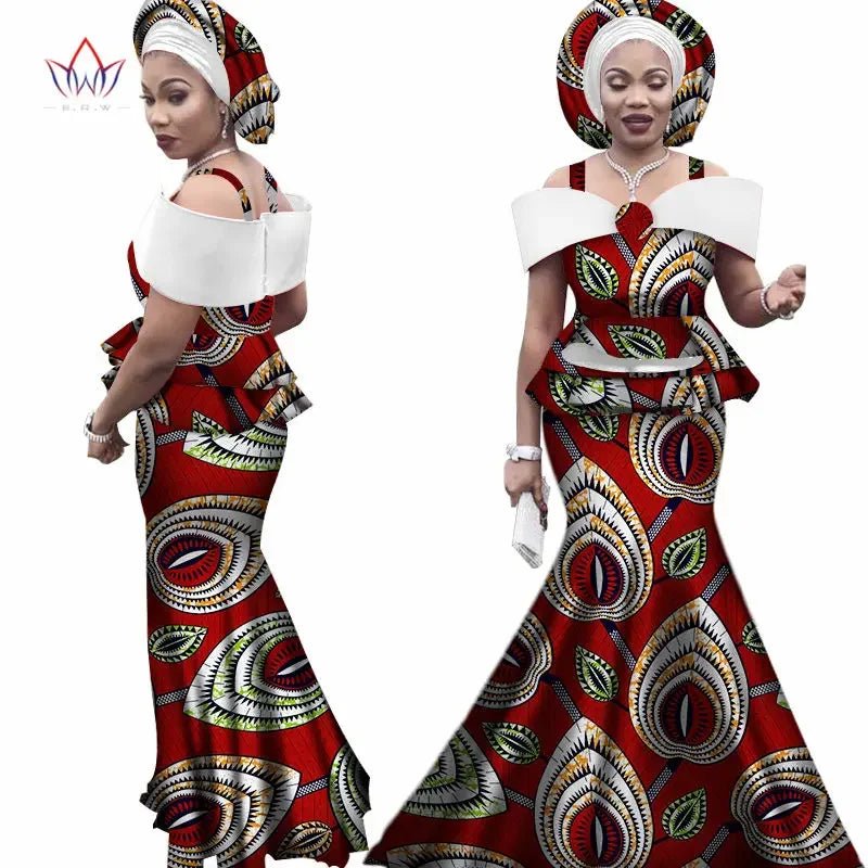 Dashiki Bazin Print Women's Set: Strap Top and Long Skirt with Headtie - Complete African Outfit Ensemble - Flexi Africa - Flexi Africa offers Free Delivery Worldwide - Vibrant African traditional clothing showcasing bold prints and intricate designs