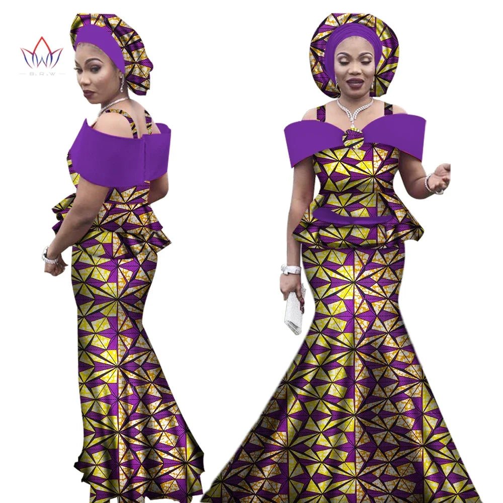Dashiki Bazin Print Women's Set: Strap Top and Long Skirt with Headtie - Complete African Outfit Ensemble - Flexi Africa - Flexi Africa offers Free Delivery Worldwide - Vibrant African traditional clothing showcasing bold prints and intricate designs