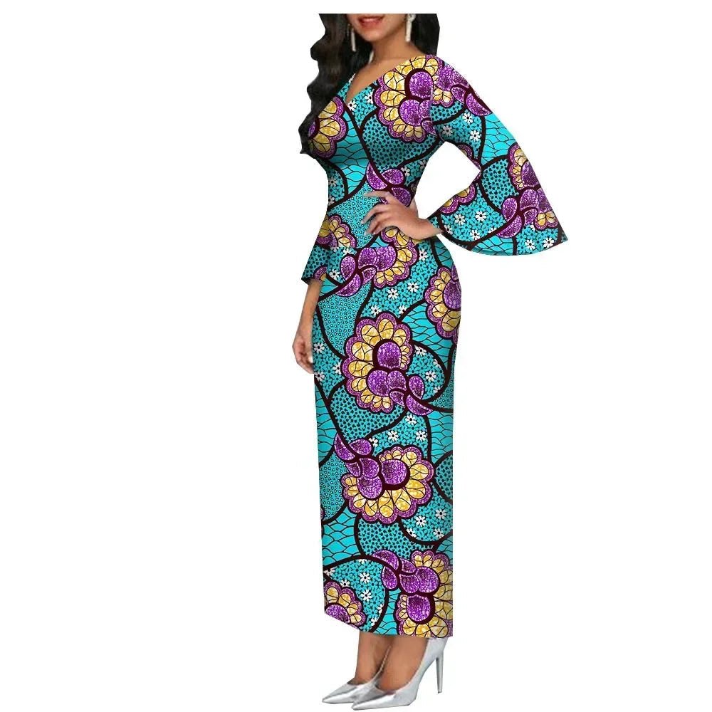 African Dashiki Bodycon Maxi Gown – V-Neck Flare Sleeve