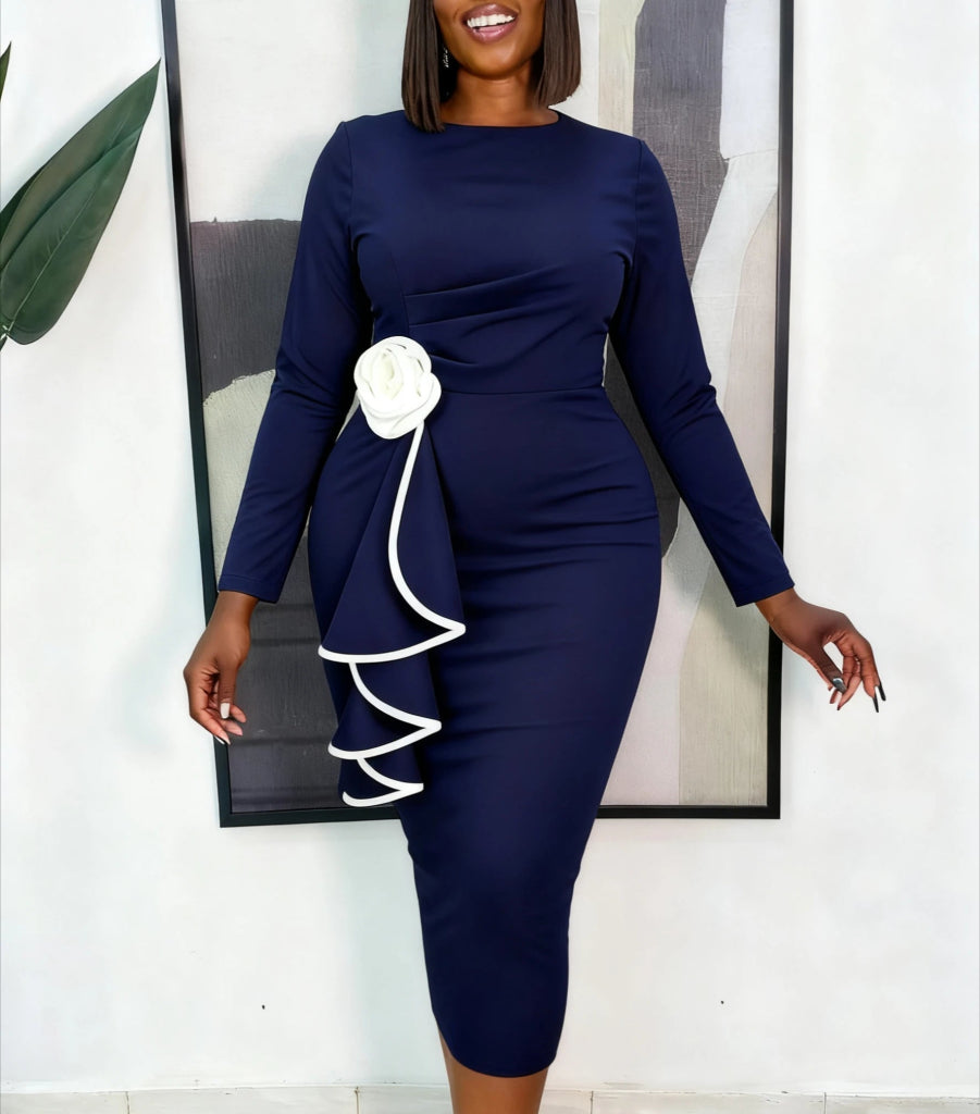Elegant Colorblock Bodycon Church Dress — O‑Neck, Long Sleeve, 3D Flower  Tiered Ruffles
