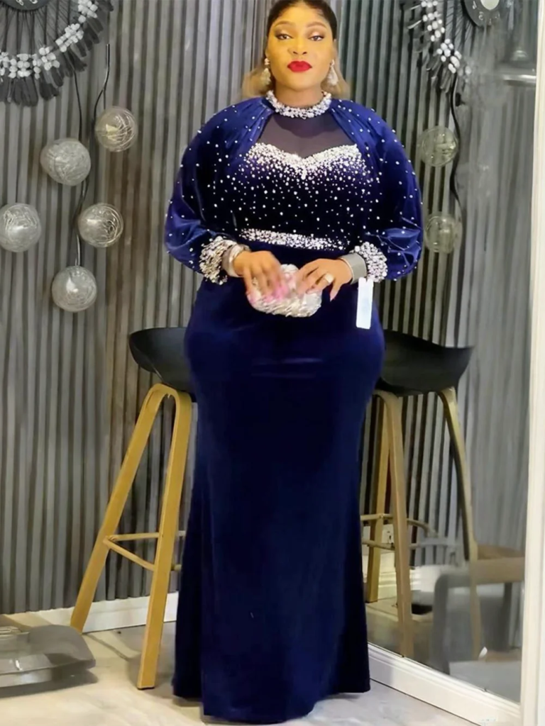 Elegant African Ankara Maxi Gown for Plus Size Women Navy Blue / XL
