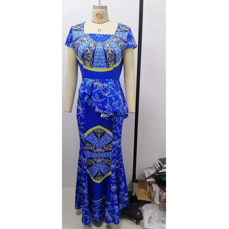 Elegant Plus-Size Ankara Party Dresses: Square Neck Ruffle Skirt and Fashion-Forward African Print Robe - Flexi Africa - Flexi Africa offers Free Delivery Worldwide - Vibrant African traditional clothing showcasing bold prints and intricate designs