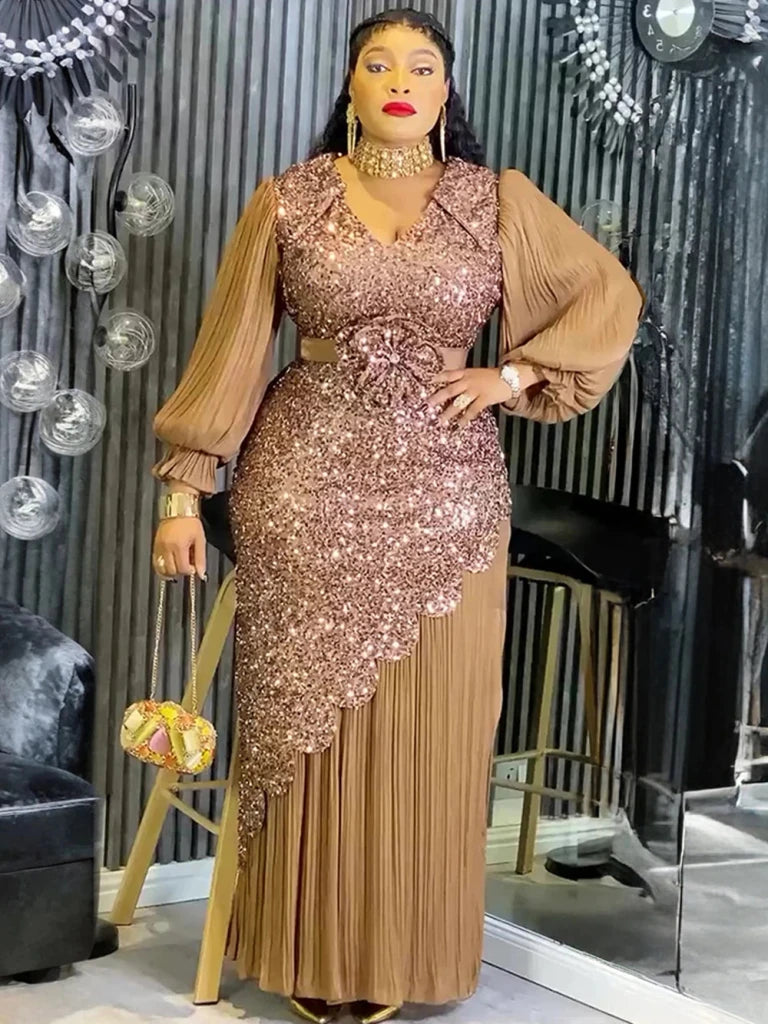 African Chiffon Dashiki Sequin Gown – Long Sleeve Abaya
