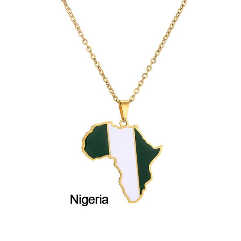 Gold Stainless Steel Africa Map Flag Pendant Necklace African Countries - Flexi Africa - Flexi Africa offers Free Delivery Worldwide - Vibrant African traditional clothing showcasing bold prints and intricate designs