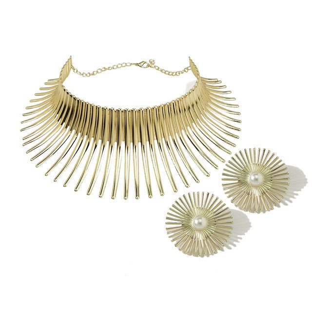 Golden African Steampunk Glam: Exaggerated Torque Choker Necklace and Earrings Set for Bold Party Style - Flexi Africa - Flexi Africa offers Free Delivery Worldwide - Vibrant African traditional clothing showcasing bold prints and intricate designs