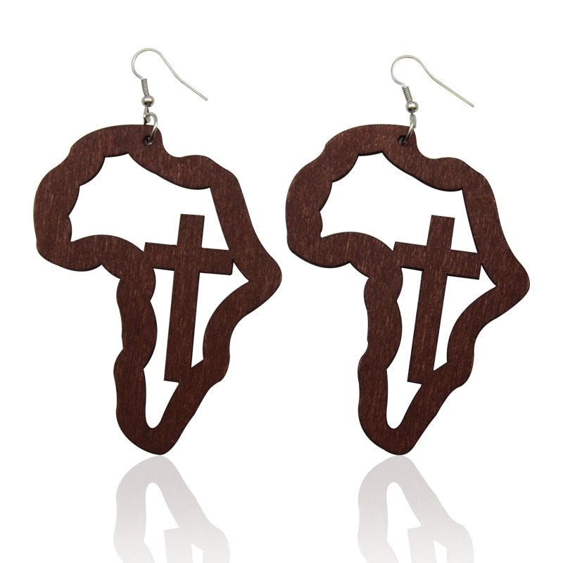 Laser Engraved Afro Wooden Drop Earrings African Motherland Map Ethnic Tribal Pattern Handmade Jewelry - Flexi Africa - Flexi Africa offers Free Delivery Worldwide - Vibrant African traditional clothing showcasing bold prints and intricate designs