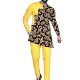 Men’s Bright African Patchwork Outfit – Yellow Pants with Tailored Top, Nigerian Wedding Attire - Free Delivery Worldwide only at Flexi Africa