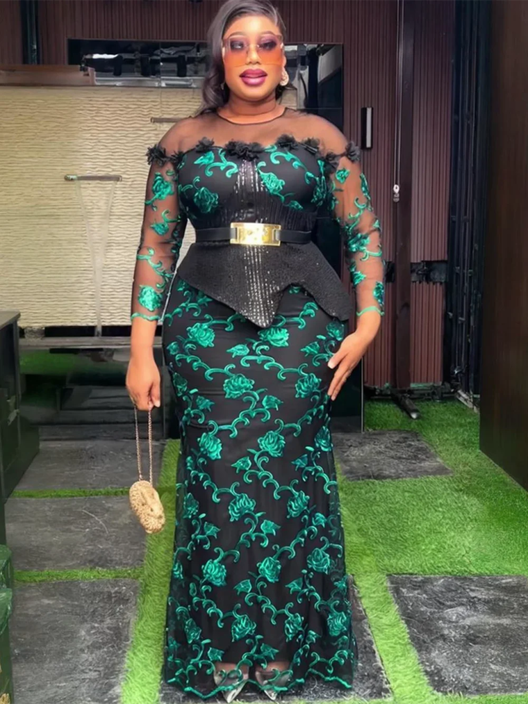 open lace back dress Luxury African Embroidery Sequin Dress for Plus Size Women – Flexi Africa
