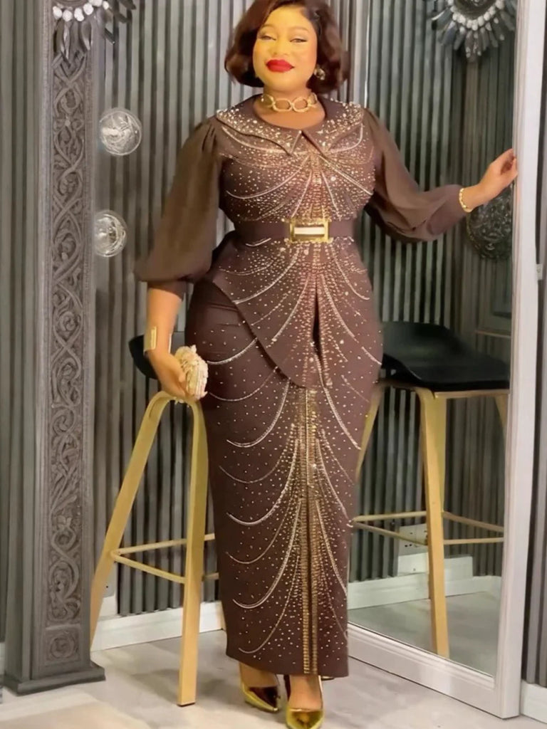 Dashiki Diamond Print Bodycon Maxi Gown for Plus Size Women Blue / XXL