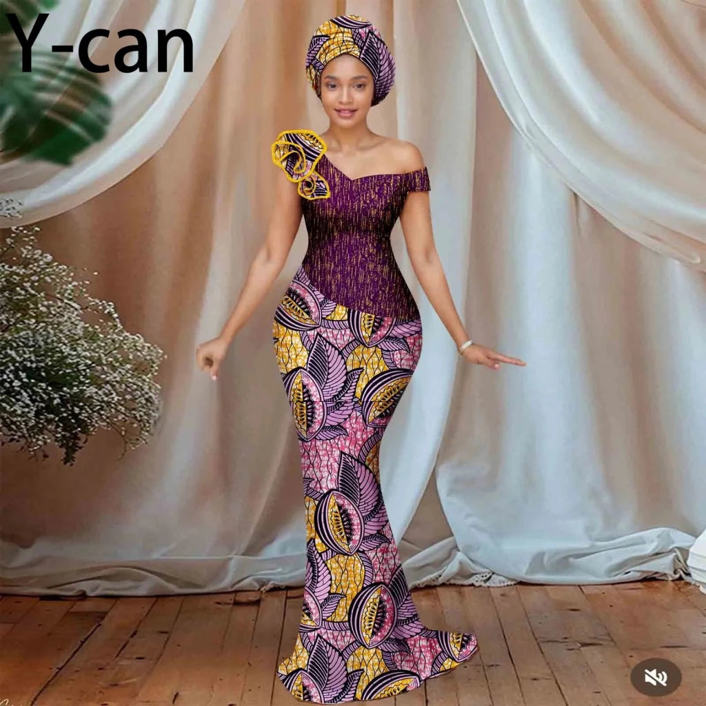 Women’s African Ankara Floral Gown – One-Shoulder Sexy Party Dress with Matching Headscarf