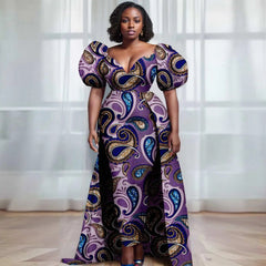 Women’s Ankara V - Neck Dress – Bubble Sleeve African Print with Layered Back Hem - Free Delivery Worldwide only at Flexi Africa