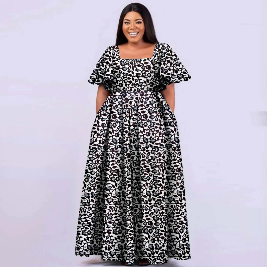 Women's African Print Tailored Short Sleeve Ankle-Length Dress