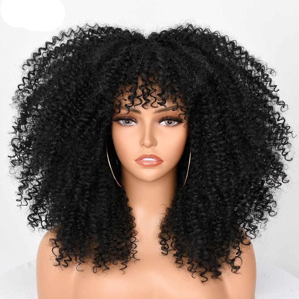 16" Short Kinky Curly Wig with Bangs Natural Synthetic Afro Hair Black Women - Free Delivery Worldwide only at Flexi Africa