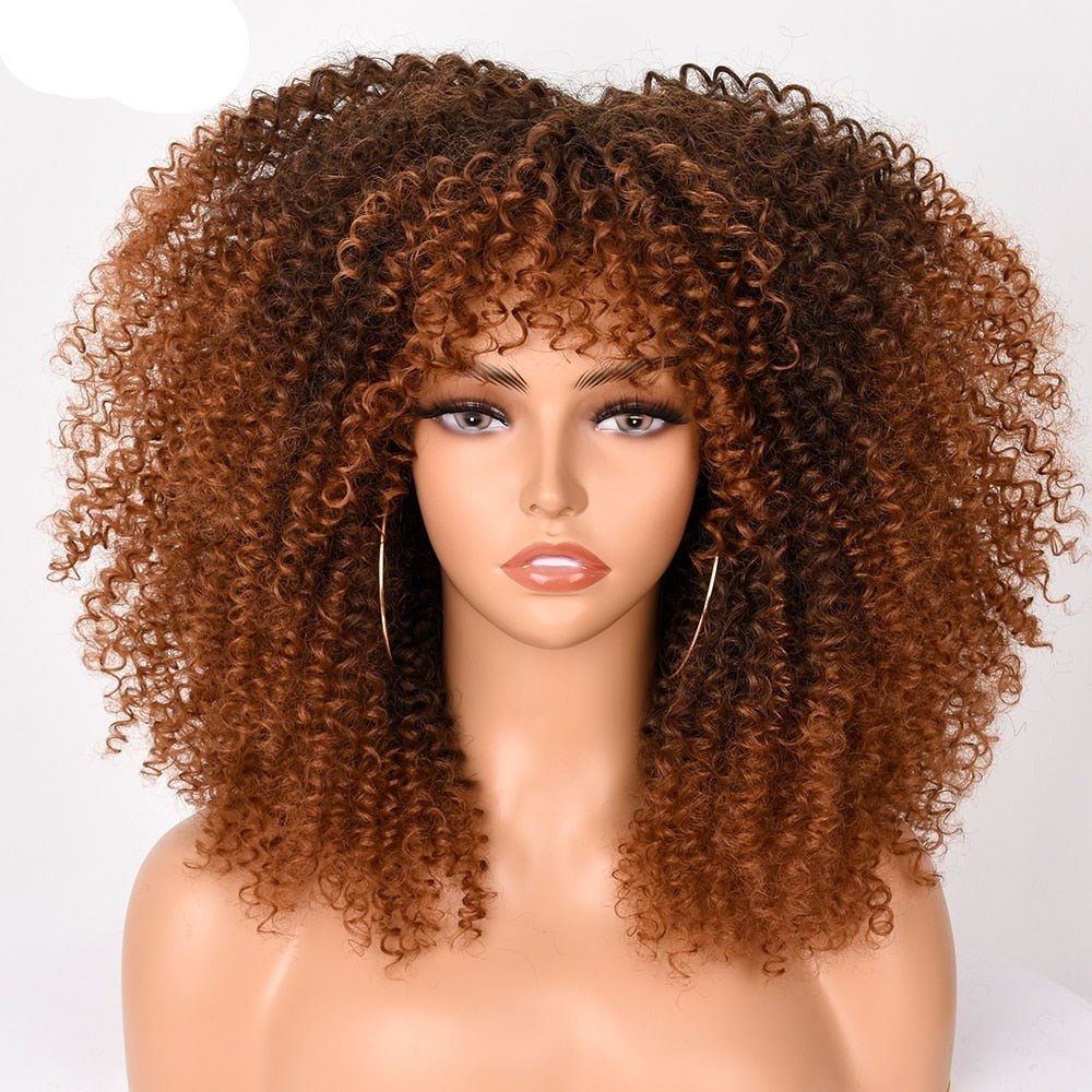 16" Short Kinky Curly Wig with Bangs Natural Synthetic Afro Hair for Black Women - Flexi Africa - Free Delivery Worldwide