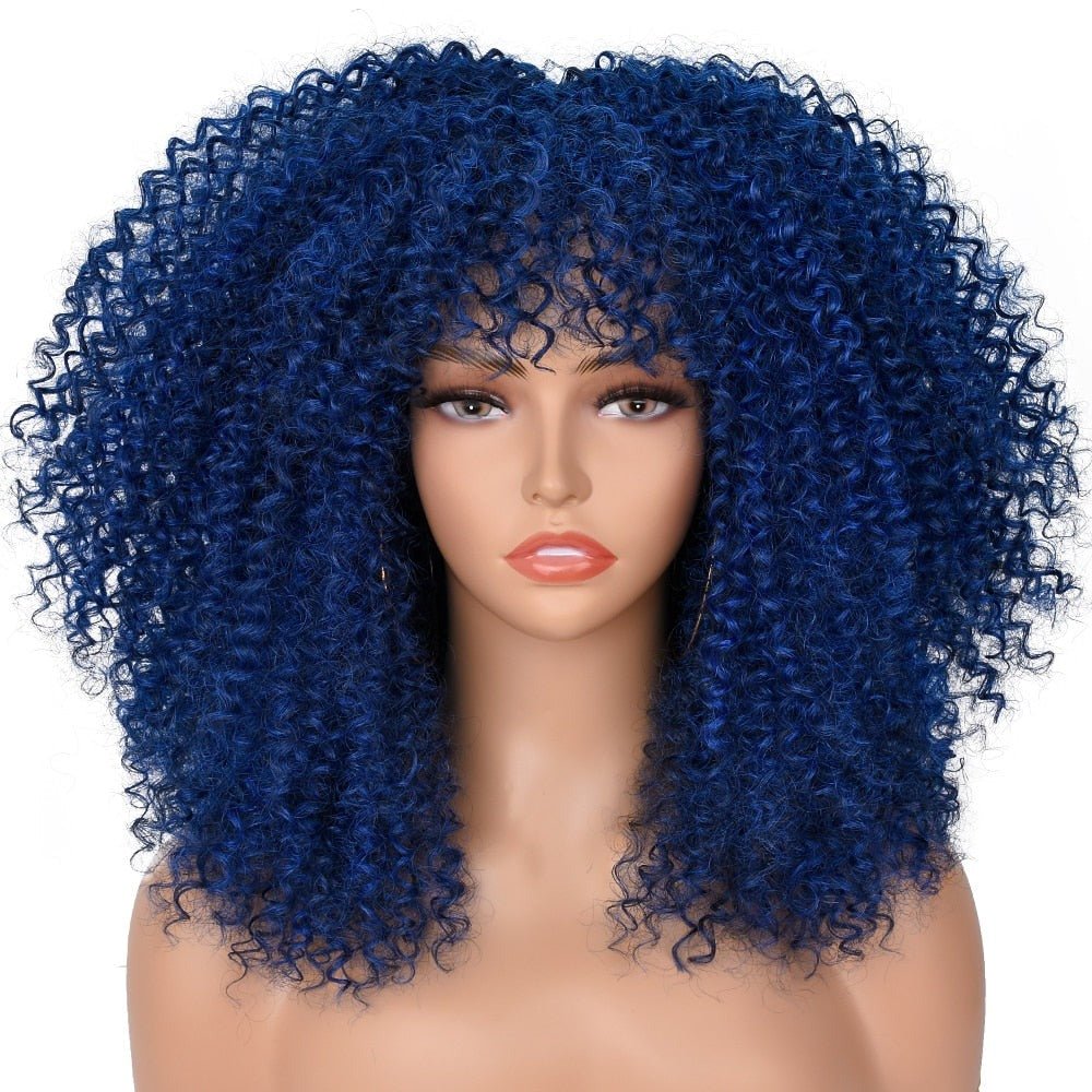 16" Short Kinky Curly Wig with Bangs Natural Synthetic Afro Hair for Black Women - Flexi Africa - Flexi Africa offers Free Delivery Worldwide - Vibrant African traditional clothing showcasing bold prints and intricate designs