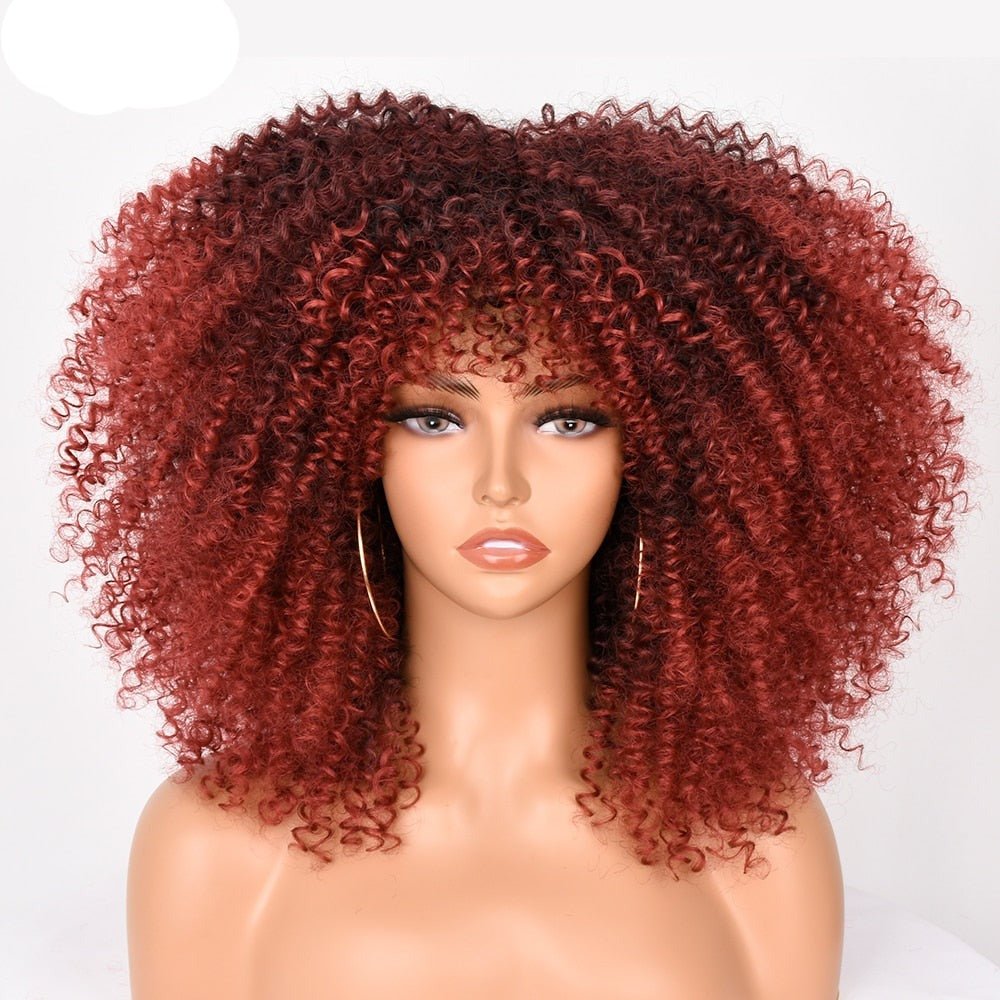 16" Short Kinky Curly Wig with Bangs Natural Synthetic Afro Hair for Black Women - Flexi Africa - Flexi Africa offers Free Delivery Worldwide - Vibrant African traditional clothing showcasing bold prints and intricate designs