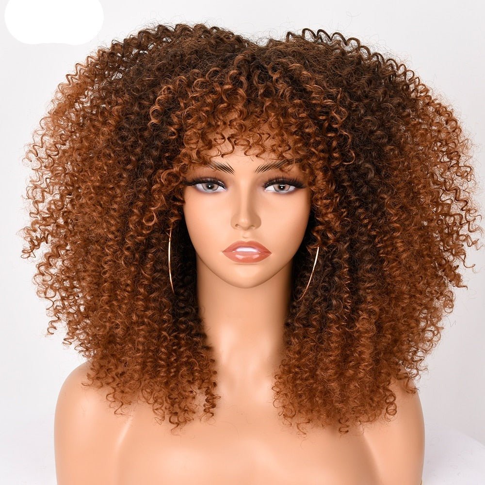 16" Short Kinky Curly Wig with Bangs Natural Synthetic Afro Hair for Black Women - Flexi Africa - Flexi Africa offers Free Delivery Worldwide - Vibrant African traditional clothing showcasing bold prints and intricate designs