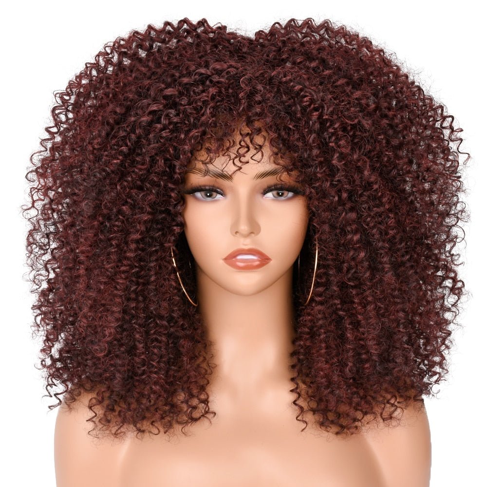 16" Short Kinky Curly Wig with Bangs Natural Synthetic Afro Hair for Black Women - Flexi Africa - Flexi Africa offers Free Delivery Worldwide - Vibrant African traditional clothing showcasing bold prints and intricate designs