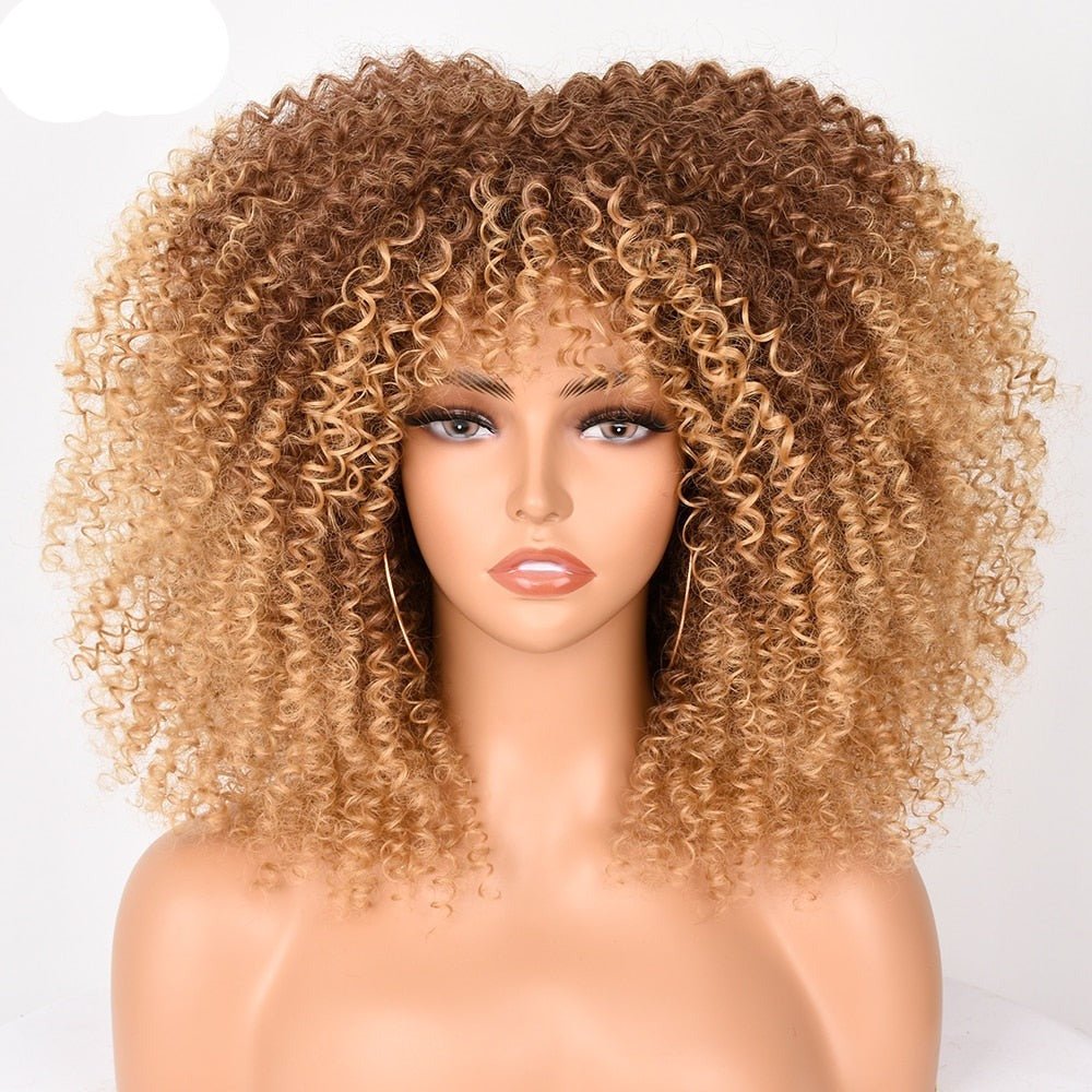 16" Short Kinky Curly Wig with Bangs Natural Synthetic Afro Hair for Black Women - Flexi Africa - Flexi Africa offers Free Delivery Worldwide - Vibrant African traditional clothing showcasing bold prints and intricate designs