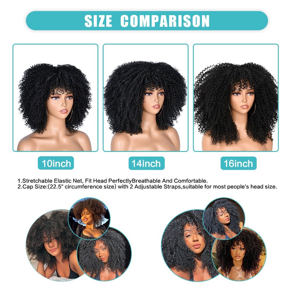 16" Short Kinky Curly Wig with Bangs Natural Synthetic Afro Hair for Black Women - Flexi Africa - Flexi Africa offers Free Delivery Worldwide - Vibrant African traditional clothing showcasing bold prints and intricate designs