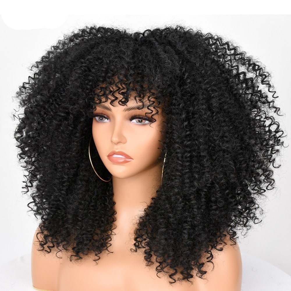 16" Short Kinky Curly Wig with Bangs Natural Synthetic Afro Hair for Black Women - Flexi Africa - Flexi Africa offers Free Delivery Worldwide - Vibrant African traditional clothing showcasing bold prints and intricate designs