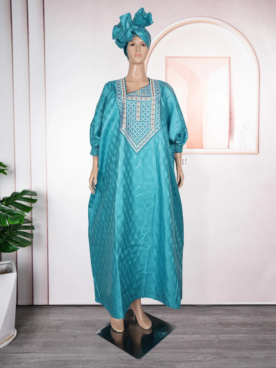 2025 New African Traditional Wear For Women Embroidery Bazin Riche Daily Ankara Gown Dashiki Green Agbada Wedding Party Robe - Free Delivery Worldwide only at Flexi Africa