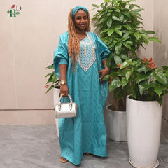 2025 New African Traditional Wear For Women Embroidery Bazin Riche Daily Ankara Gown Dashiki Green Agbada Wedding Party Robe - Free Delivery Worldwide only at Flexi Africa