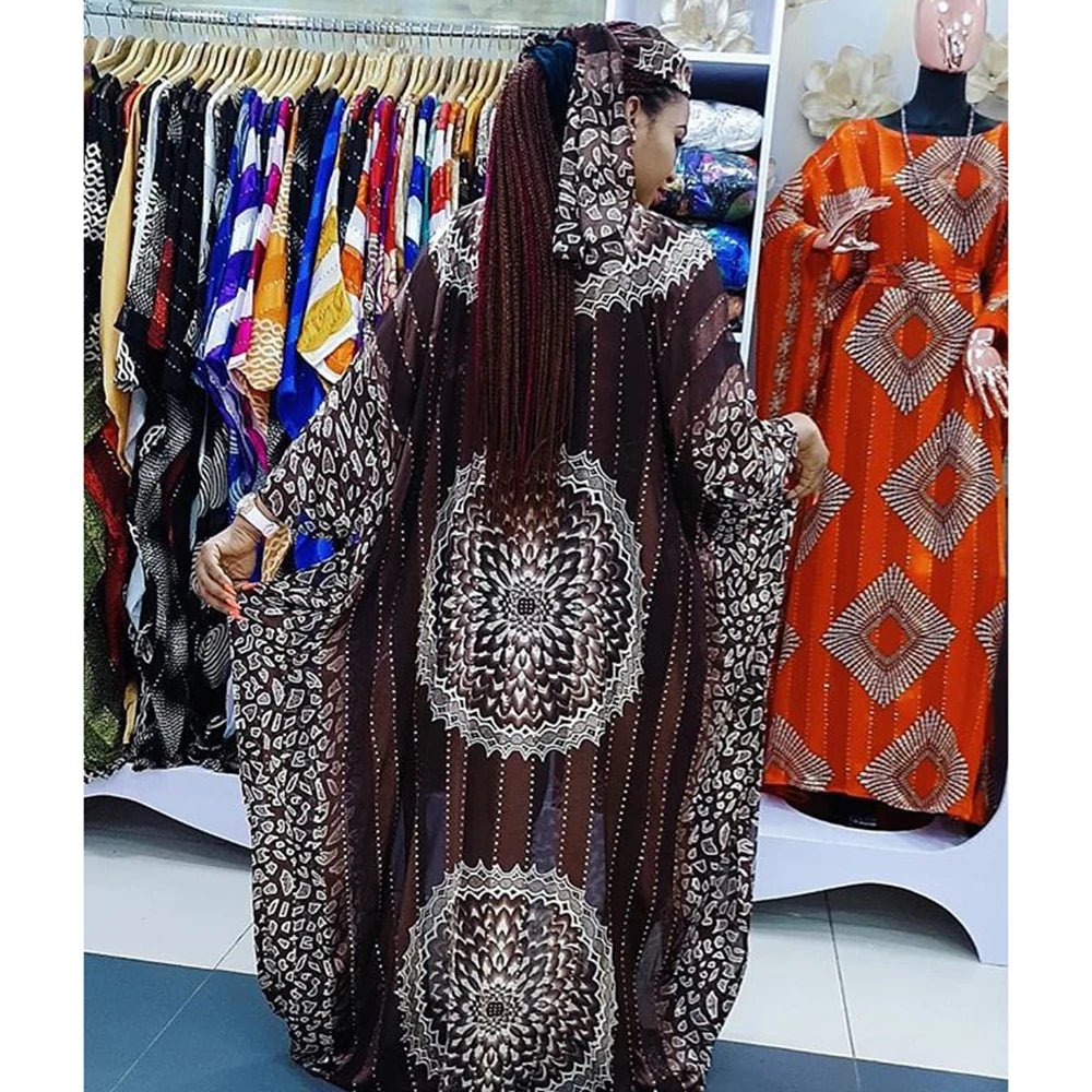 2025 Trendy African Print Chiffon Maxi Dress in Ribbon Belt – Loose Fit Boho Ethnic Women's Summer Beach Party Wear - Free Delivery Worldwide only at Flexi Africa