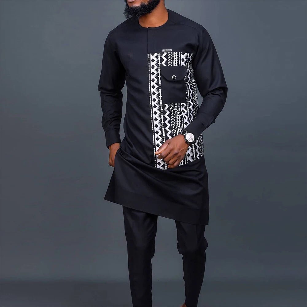 2PC African Traditional Outfit Dashiki Black O-Neck Elegant Suits Luxury Clothing Full Pant Sets - Flexi Africa - FREE POST