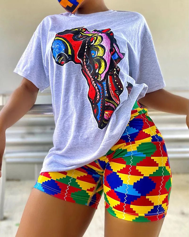 2PC Print Shorts Suits Women Vintage Short Sleeve Shirt And Short Pants Suit Set Casual Outfit - Flexi Africa - FREE POST