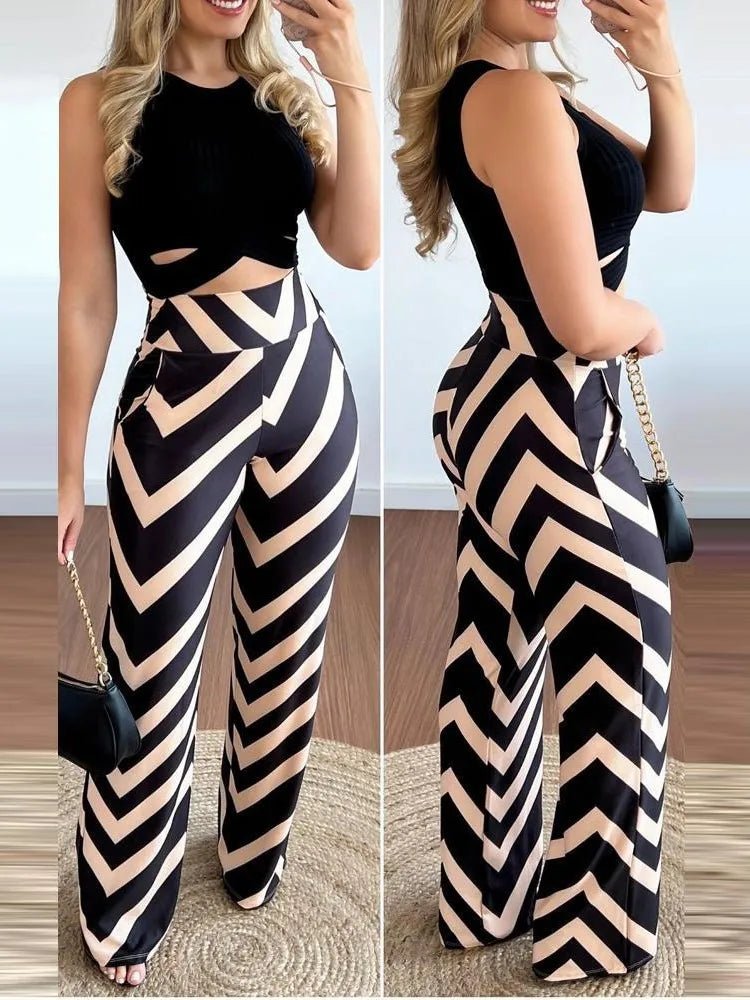 2PC Spring/Summer Sleeveless Top & Printed Trousers Set: Slim, Elegant Office Fashion for Women - Flexi Africa - Free Delivery Worldwide only at www.flexiafrica.com