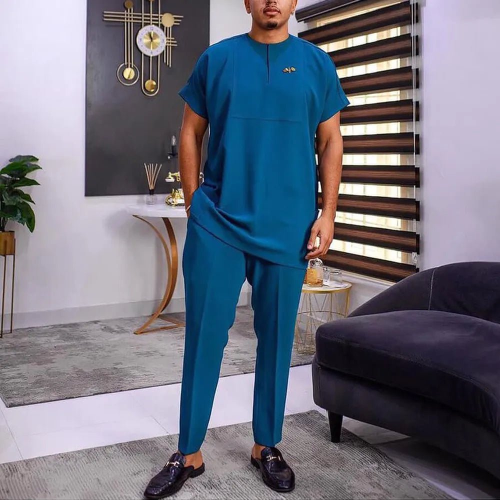 2PC Summer Men Sets Short Sleeve Round Neck Solid Color Simple Shirt and Casual Pants African Men's Suit - Flexi Africa