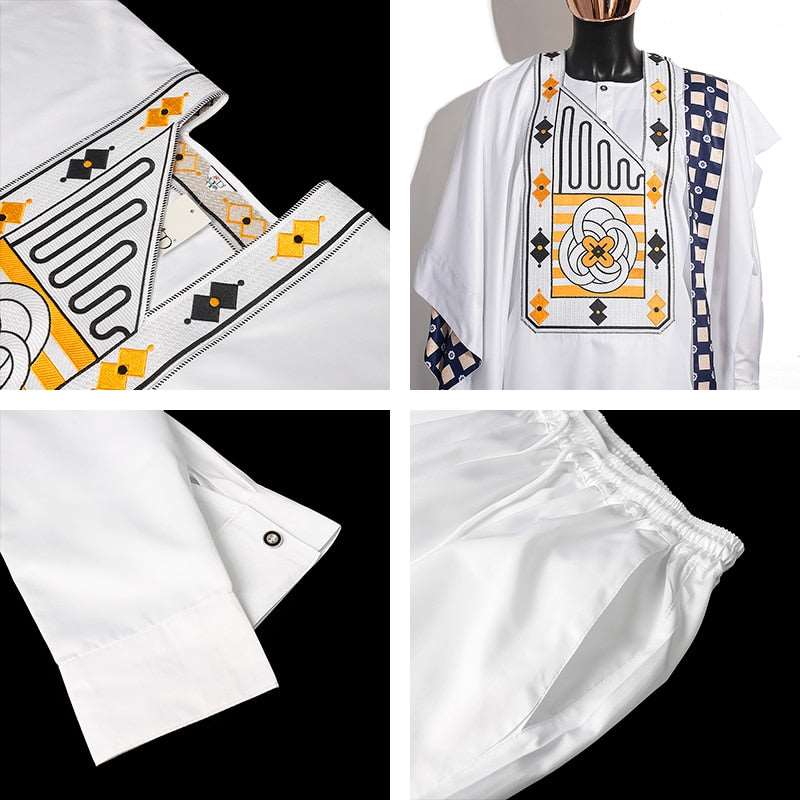 3PC African Men's Clothing Set Traditional White Clothes - Flexi Africa - Free Delivery Worldwide Express Postage