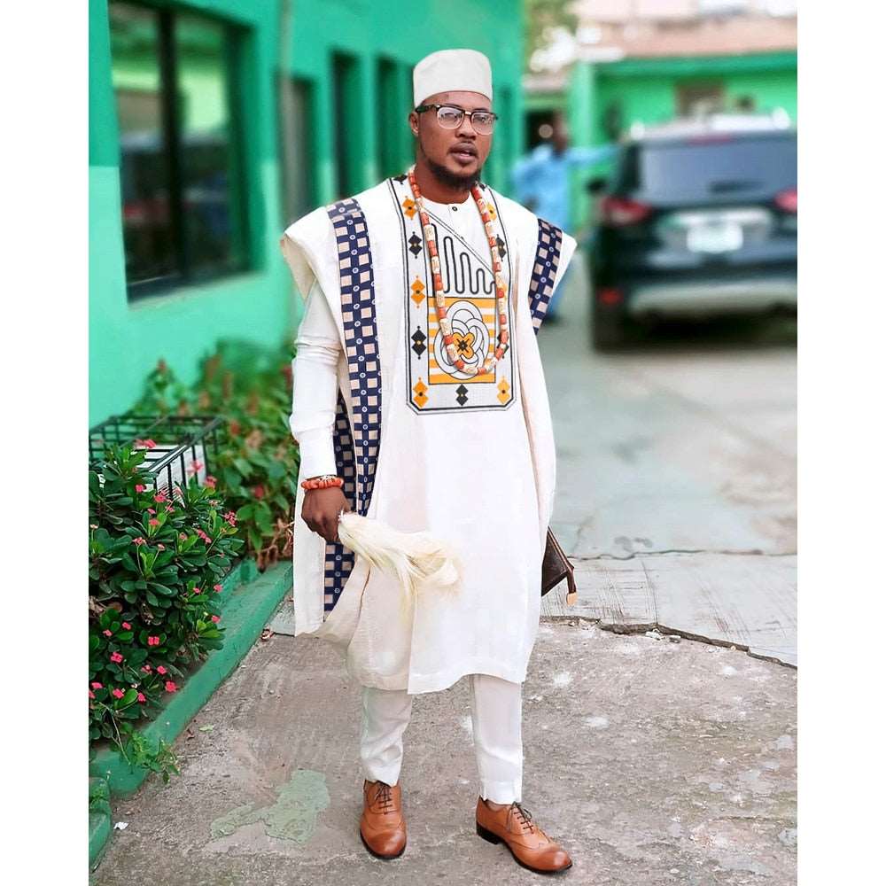 3PC African Men's Clothing Set Traditional White Clothes - Flexi Africa - Free Delivery Worldwide Express Postage