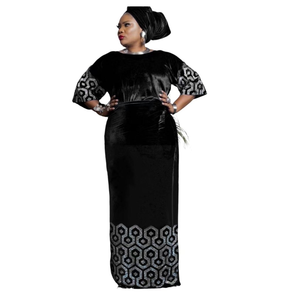 3PC African Velvet Dress Set for Women – Full Stone Embellished Top with Wrapper & Scarf - Free Delivery Worldwide only at Flexi Africa