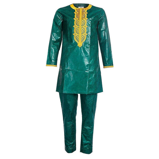 3PC Men Clothes Traditional with Riche Bazin Embroidered Bazin Green Wide Sleeved Robe Formal Attire - Flexi Africa